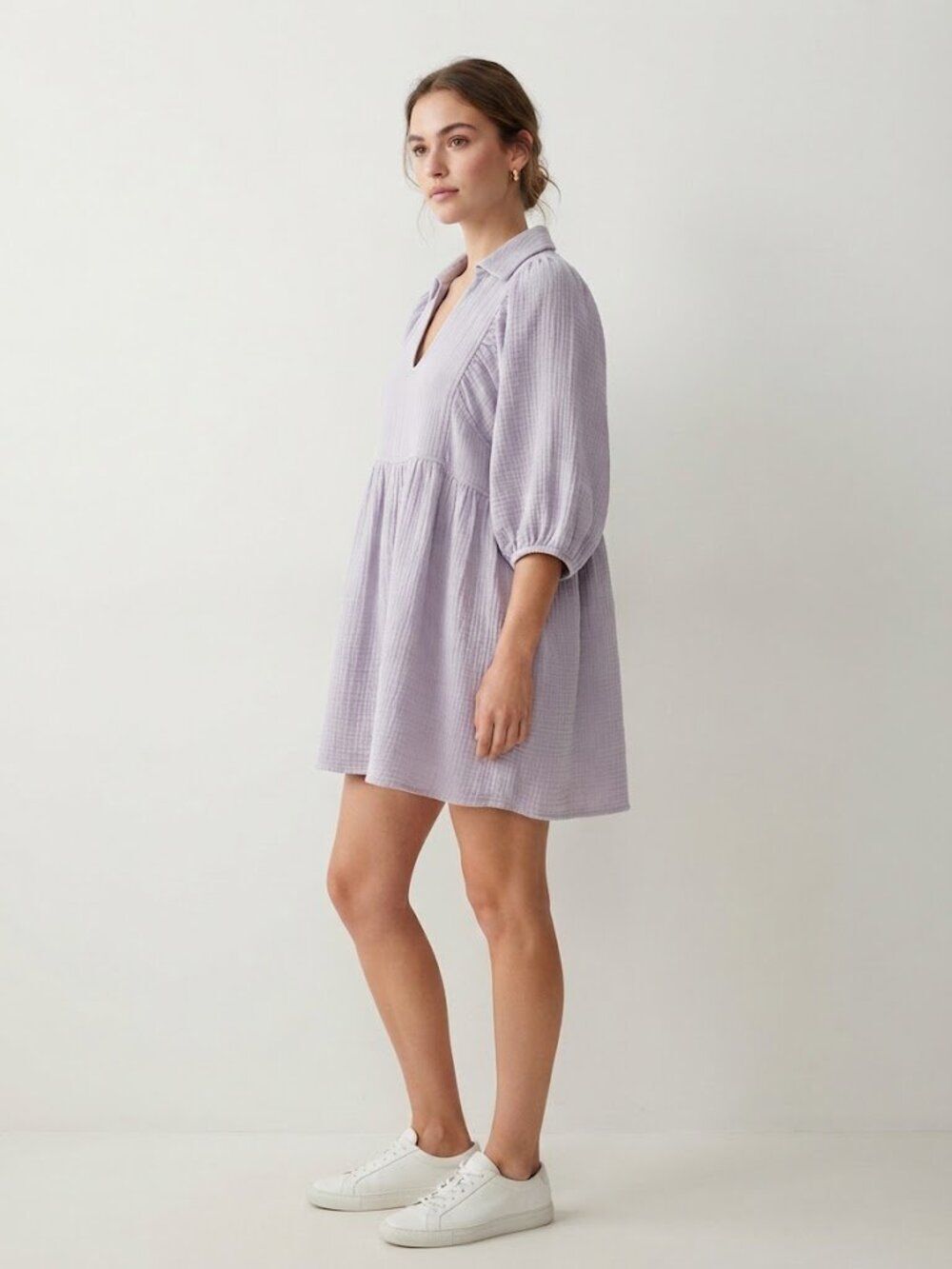 Things Between V-Neck Lavender Puff Sleeve Babydoll Mini Dress Sz L Double Gaze